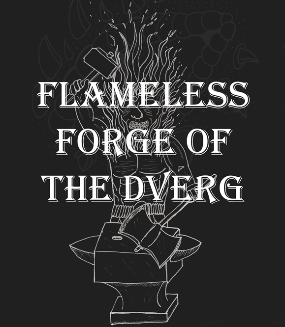 dwarf with flaming hair forging an double-bladed axe on an anvil
